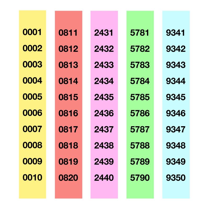 Tiras de Rifa Apli - colores surtidos 210x30 mm compuesto por dos talonarios del 1 al 4.999 - del 5.000 al 10.000