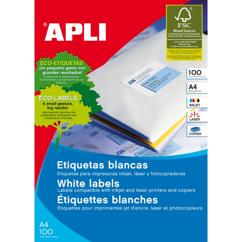 Etiquetas adhesivas APLI A4 Blancas 100h  48,5x16,9 et/hoja 68
