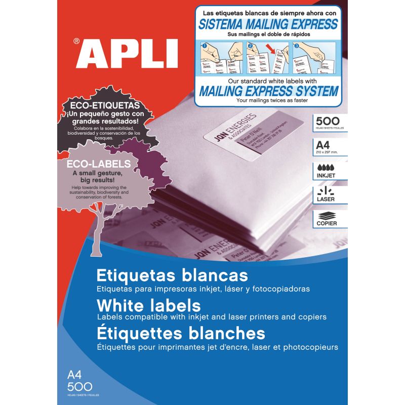 Etiquetas Adhesivas APLI A4 Blancas 500h  52,5x29,7 et/hoja 40