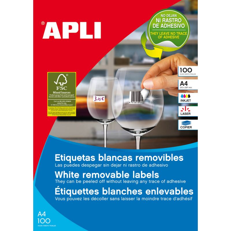 Etiquetas  Adhesivas APLI A4 Removibles  100h  64,6x33,8 et/hoja 24