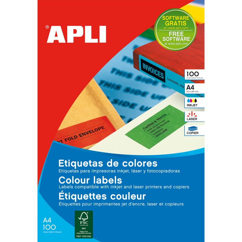 Etiquetas Adhesivas APLI A4 Colores 100h  70x37 et/hoja 24 Rojo