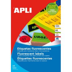 Etiquetas Adhesivas APLI A4 FLUOR 100h  99,1x67,7 et/hoja 8 Rojo fluorescente